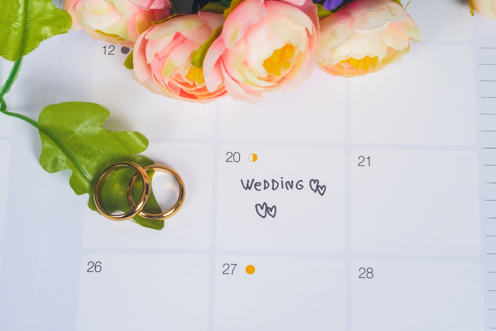 Calendar marked for wedding day with rings and flowers, reminding couples to book budget friendly wedding venues early.