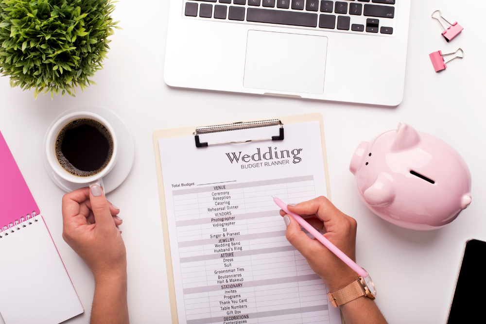 Desk with wedding budget planner, piggy bank, and laptop for comparing all-inclusive, budget friendly wedding venues.